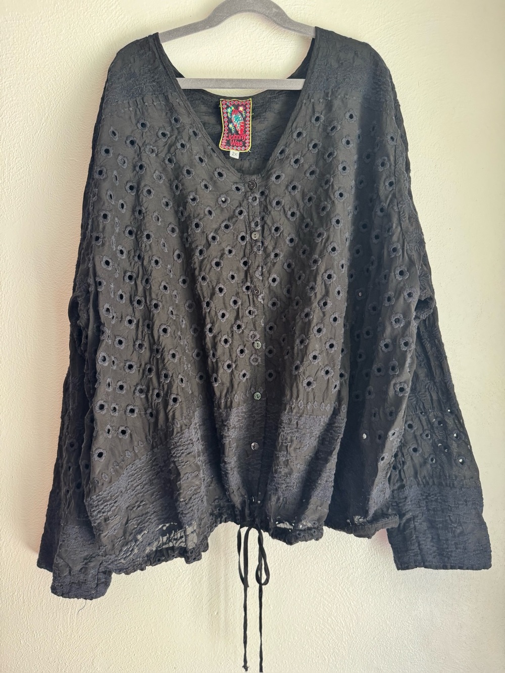 Johnny Was Black Eyelet V-Neck Long Sleeve button Front Top - Picture 2 of 10
